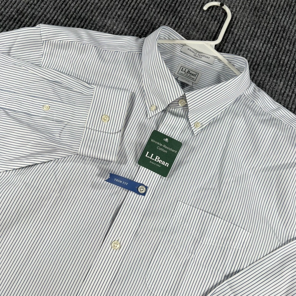LL Bean Dress Shirt Mens 18-33 White Striped Long Sleeve Button Down Casual New